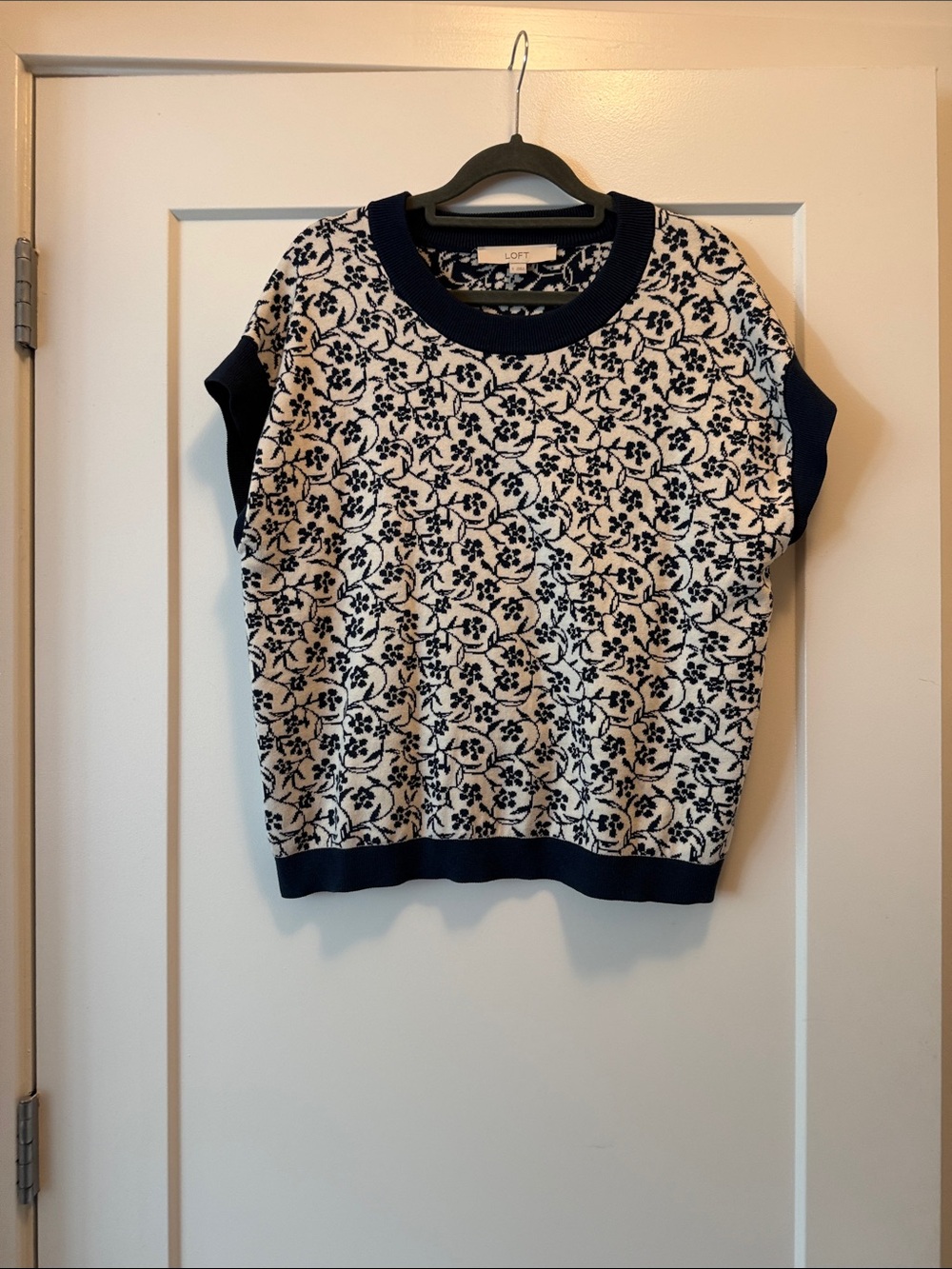 LOFT Navy Floral Knit Short-Sleeve Sweater